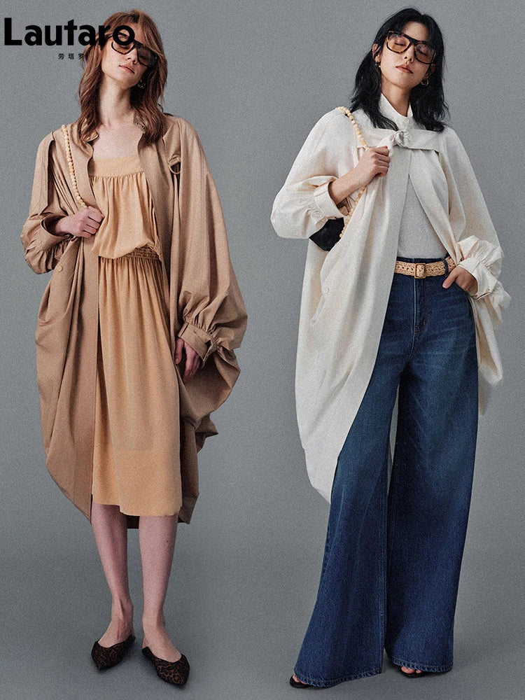 Lautaro Spring Autumn Oversized Long Bat Sleeved Cape-style Trench Coat for Women Loose Casual Chic Korean Fashion Overcoat 2025