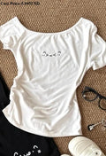 Japanese Cute Preppy Style 2 Piece Set Women Sweet Off Shoulder Cartoon Print Tops Black Bib Denim Shorts Kawaii Girl Outfit New