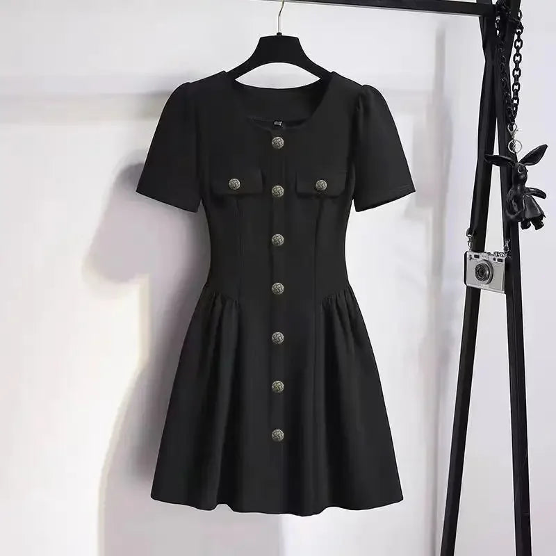 Korean style dress women's summer dress new plus size slim fashion temperament elegant casual Hepburn style little black dress.