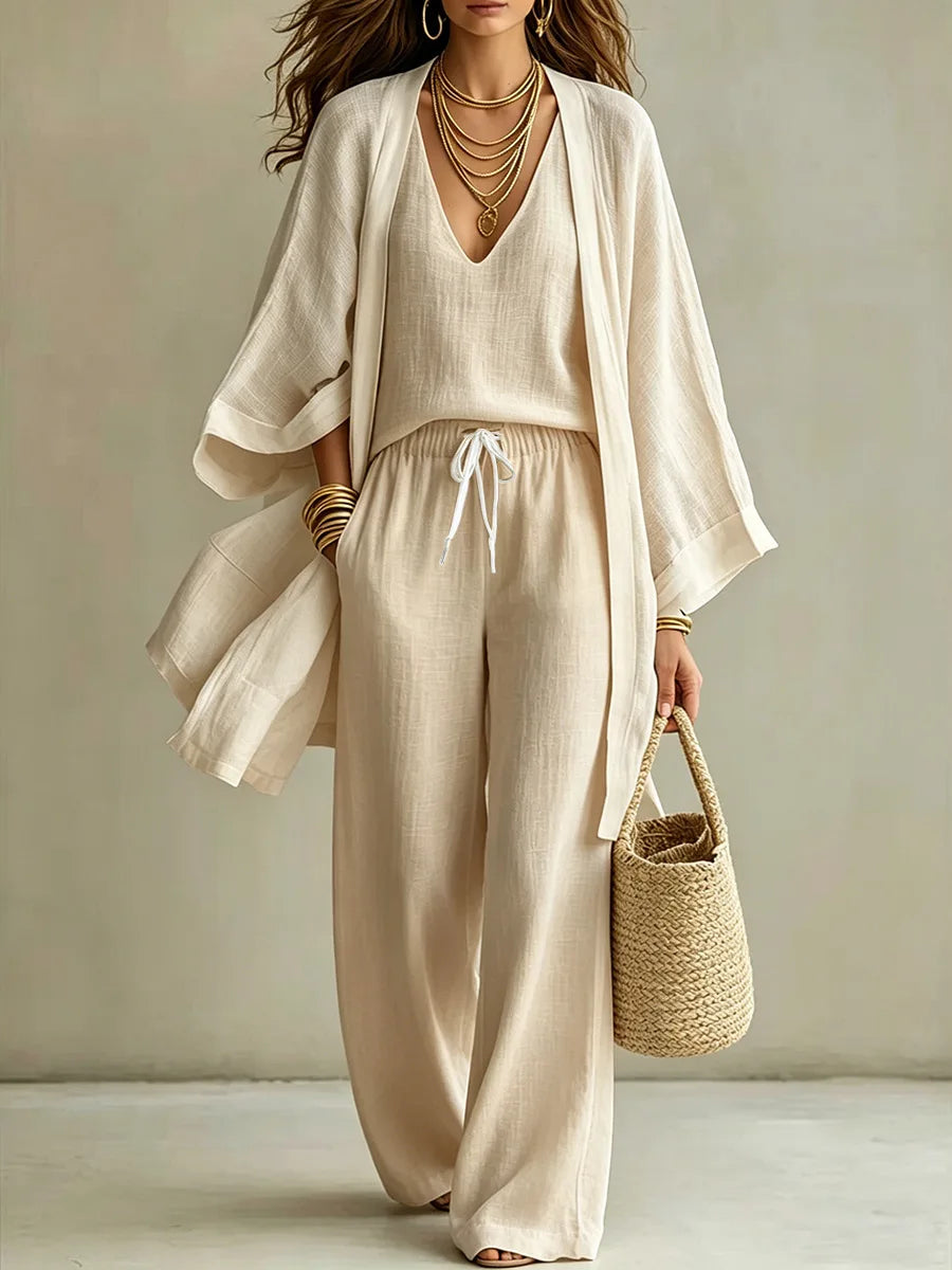 Loose Cotton Linen Mid-Length Nine-Quarter Sleeve Open Cardigan Sleeveless Vest Trousers Casual Three-Piece Set for Women