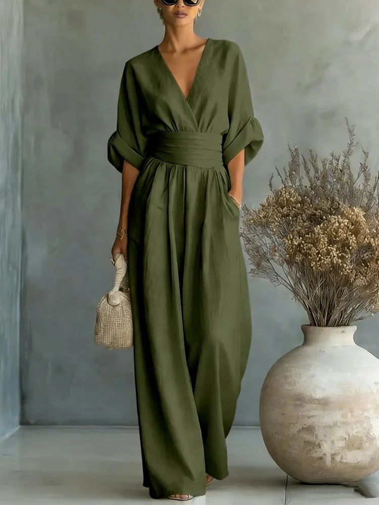 Women Elegant High Waist Jumpsuits Summer Short Sleeve Wide Leg Pants Romper Casual V Neck Solid Loose Jumpsuits Streetwear