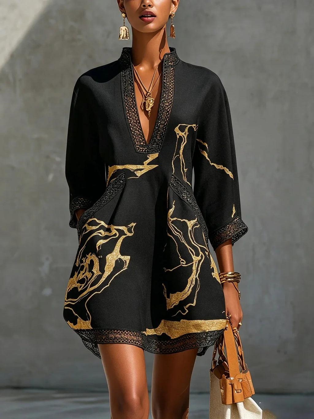 Elegant Mini Dress for Women Fashion Lace Trim V Neck Abstract Print 3/4 Sleeve Pocket Dress Casual Commuting Vacation Dresses