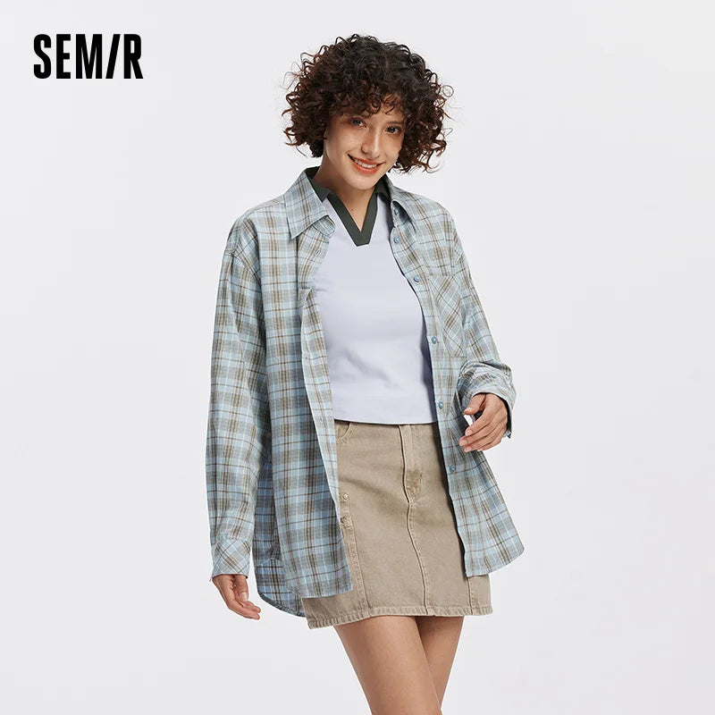Semir Women Shirt Plaid Long Sleeve Mid Length Loose Dropped Shoulder Retro Campus Style Autumn Blouse Daily Wear 2026