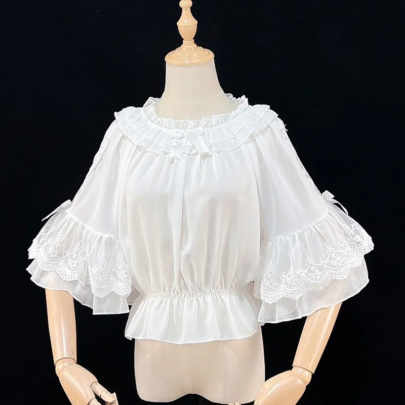 Sweet Lolita Chiffon Blouses Women Cute Bow Ruffles Three Quarter Flare Sleeve Undershirt Girl Kawai Off Shoulder Shirt Crop Top