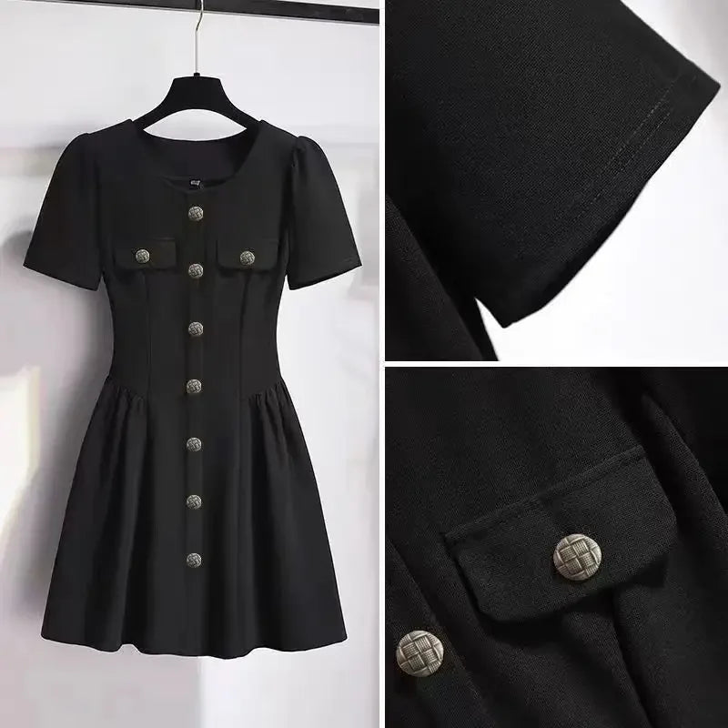 Korean style dress women's summer dress new plus size slim fashion temperament elegant casual Hepburn style little black dress.