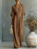 Women Elegant High Waist Jumpsuits Summer Short Sleeve Wide Leg Pants Romper Casual V Neck Solid Loose Jumpsuits Streetwear