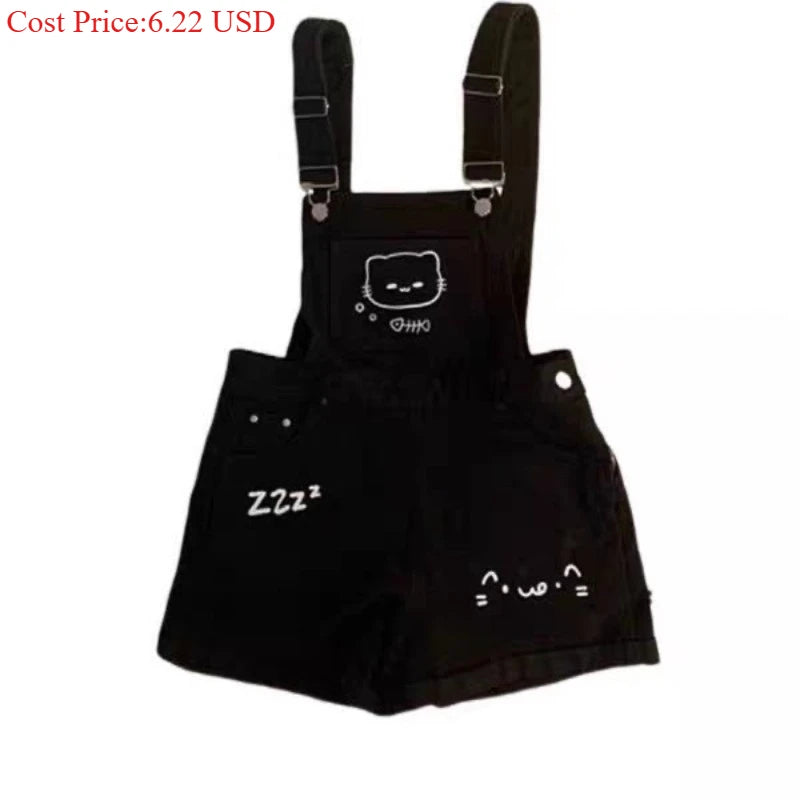 Japanese Cute Preppy Style 2 Piece Set Women Sweet Off Shoulder Cartoon Print Tops Black Bib Denim Shorts Kawaii Girl Outfit New