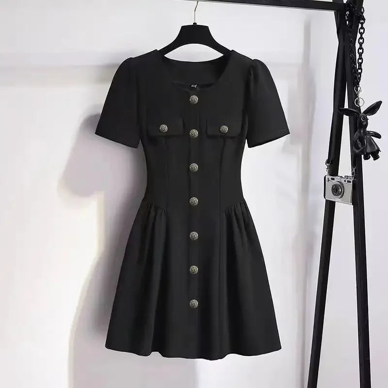 Korean style dress women's summer dress new plus size slim fashion temperament elegant casual Hepburn style little black dress.