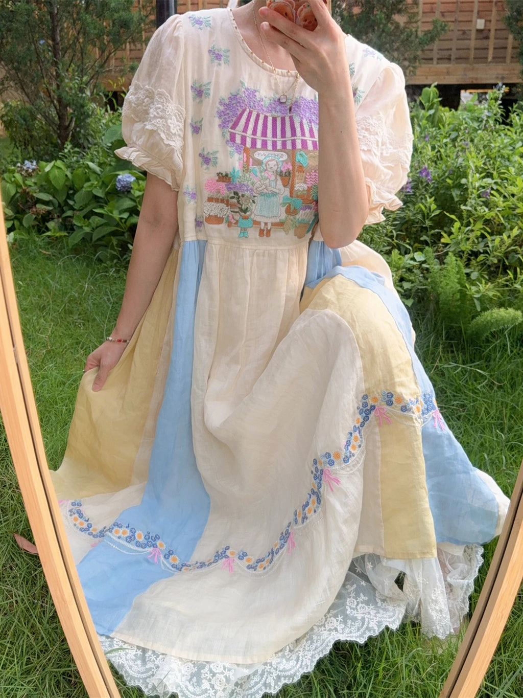 TIYIHAILEY Spring Summer Women Embroidery Ramie Dress With Lining Short Sleeve Long Mid-Calf Ladies Loose A-line Beige Lace