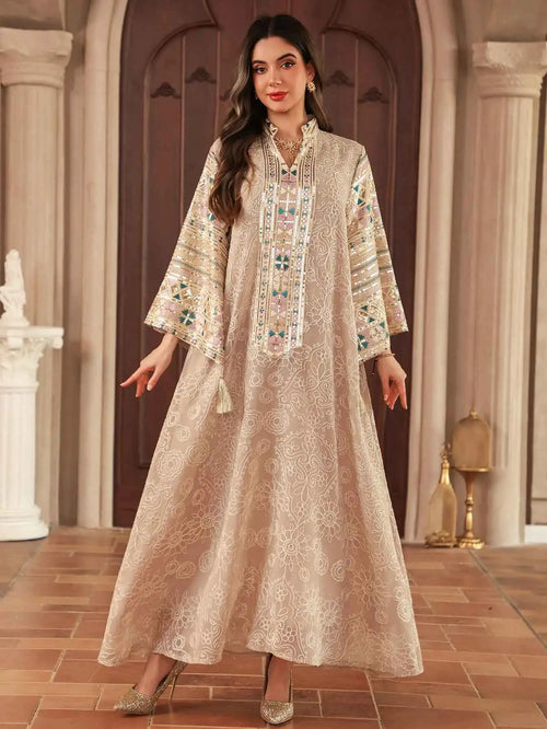Eid Islamic Modest Abaya for Women Multicolor Embroidered & Sequin Beige Muslim Dress 2026 Elegant Dubai Stand Collar Tassel New