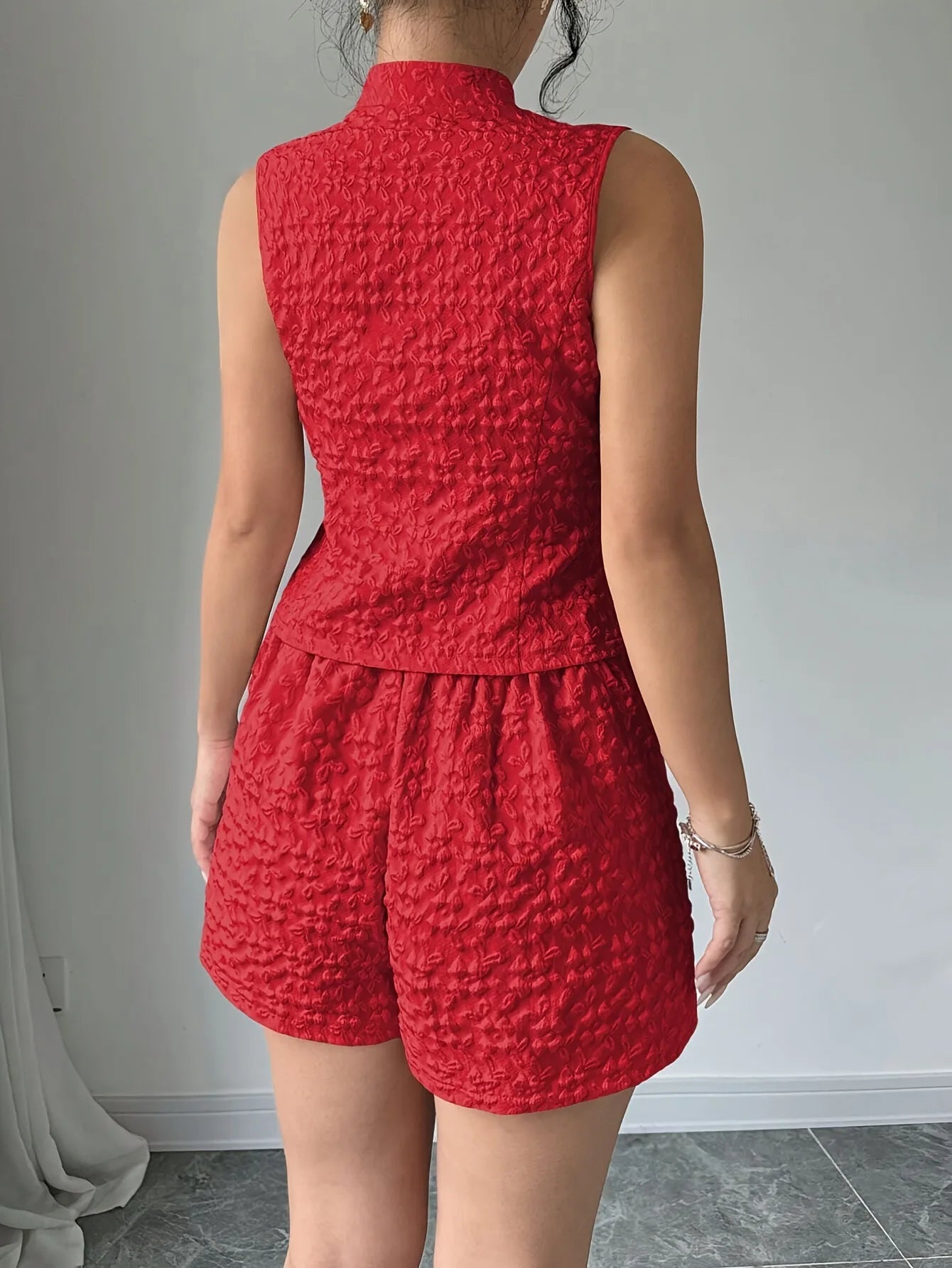 Summer Women's 2025 Elegant Solid Color Jacquard Sleeveless Tank Top and Shorts Two Piece Set