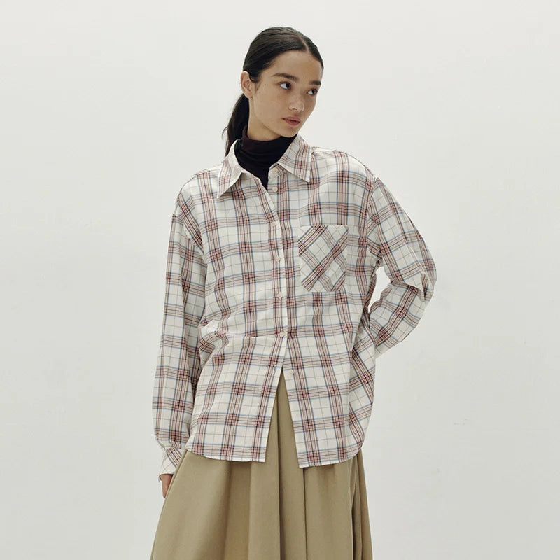 Semir Women Shirt Plaid Long Sleeve Mid Length Loose Dropped Shoulder Retro Campus Style Autumn Blouse Daily Wear 2026