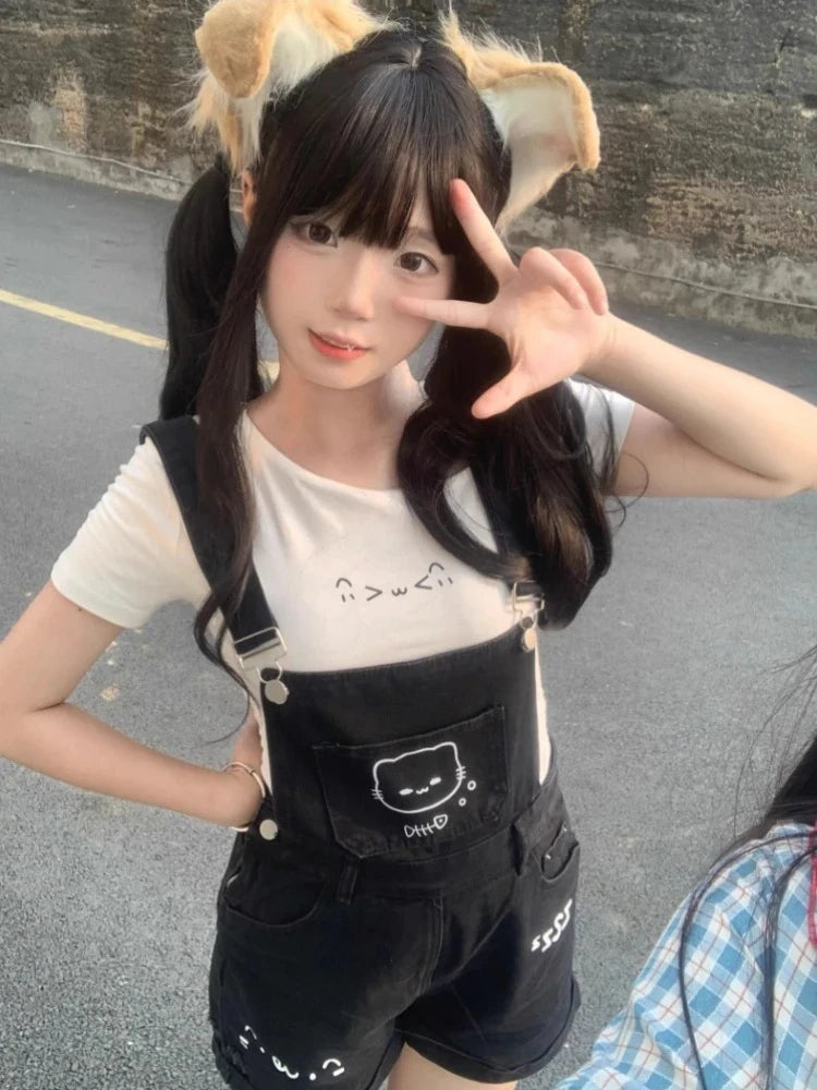 Japanese Cute Preppy Style 2 Piece Set Women Sweet Off Shoulder Cartoon Print Tops Black Bib Denim Shorts Kawaii Girl Outfit New