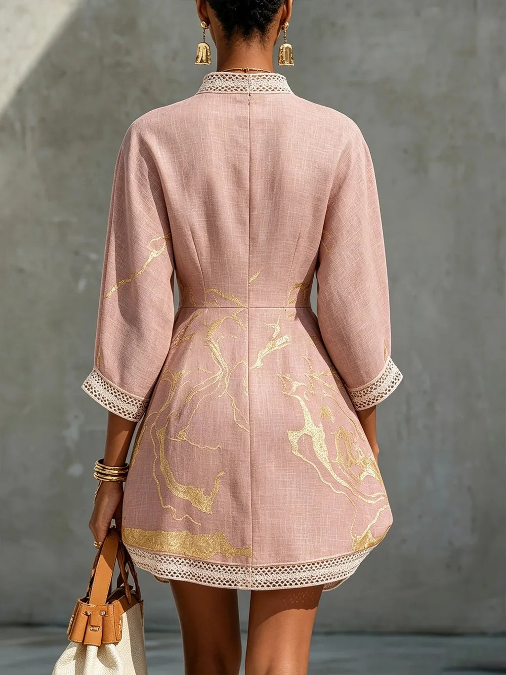 Elegant Mini Dress for Women Fashion Lace Trim V Neck Abstract Print 3/4 Sleeve Pocket Dress Casual Commuting Vacation Dresses