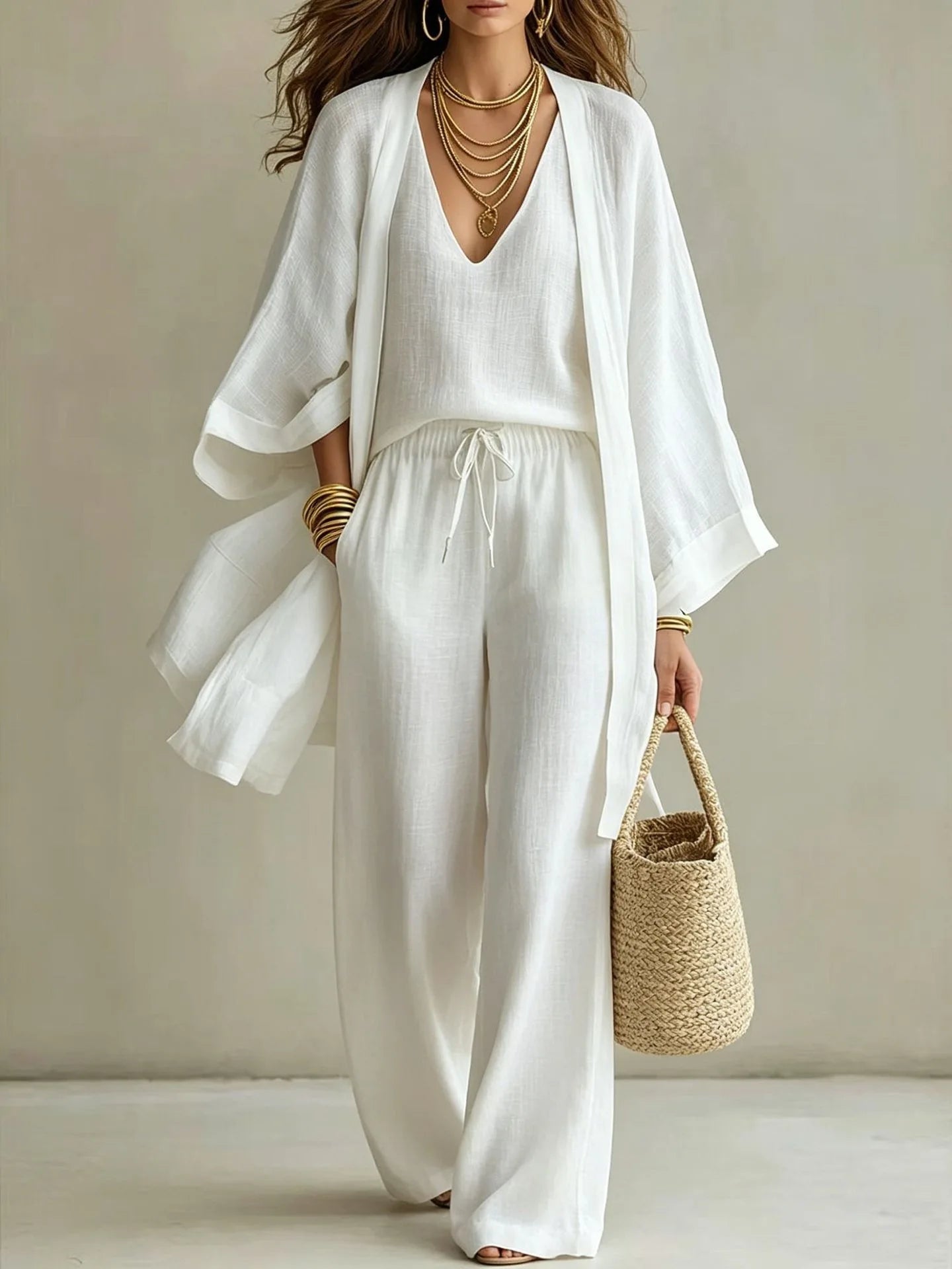 Loose Cotton Linen Mid-Length Nine-Quarter Sleeve Open Cardigan Sleeveless Vest Trousers Casual Three-Piece Set for Women