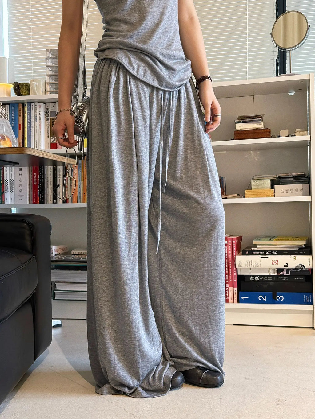 2026 Wool Blending Material Women Casual High Waist Lace-Up Waist Long Pants Fashion Wide Leg Pants Women Clothes Trousers