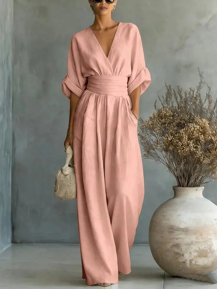 Women Elegant High Waist Jumpsuits Summer Short Sleeve Wide Leg Pants Romper Casual V Neck Solid Loose Jumpsuits Streetwear