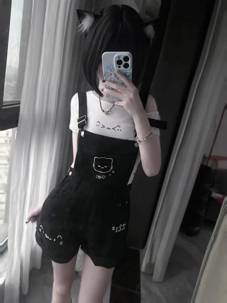 Japanese Cute Preppy Style 2 Piece Set Women Sweet Off Shoulder Cartoon Print Tops Black Bib Denim Shorts Kawaii Girl Outfit New