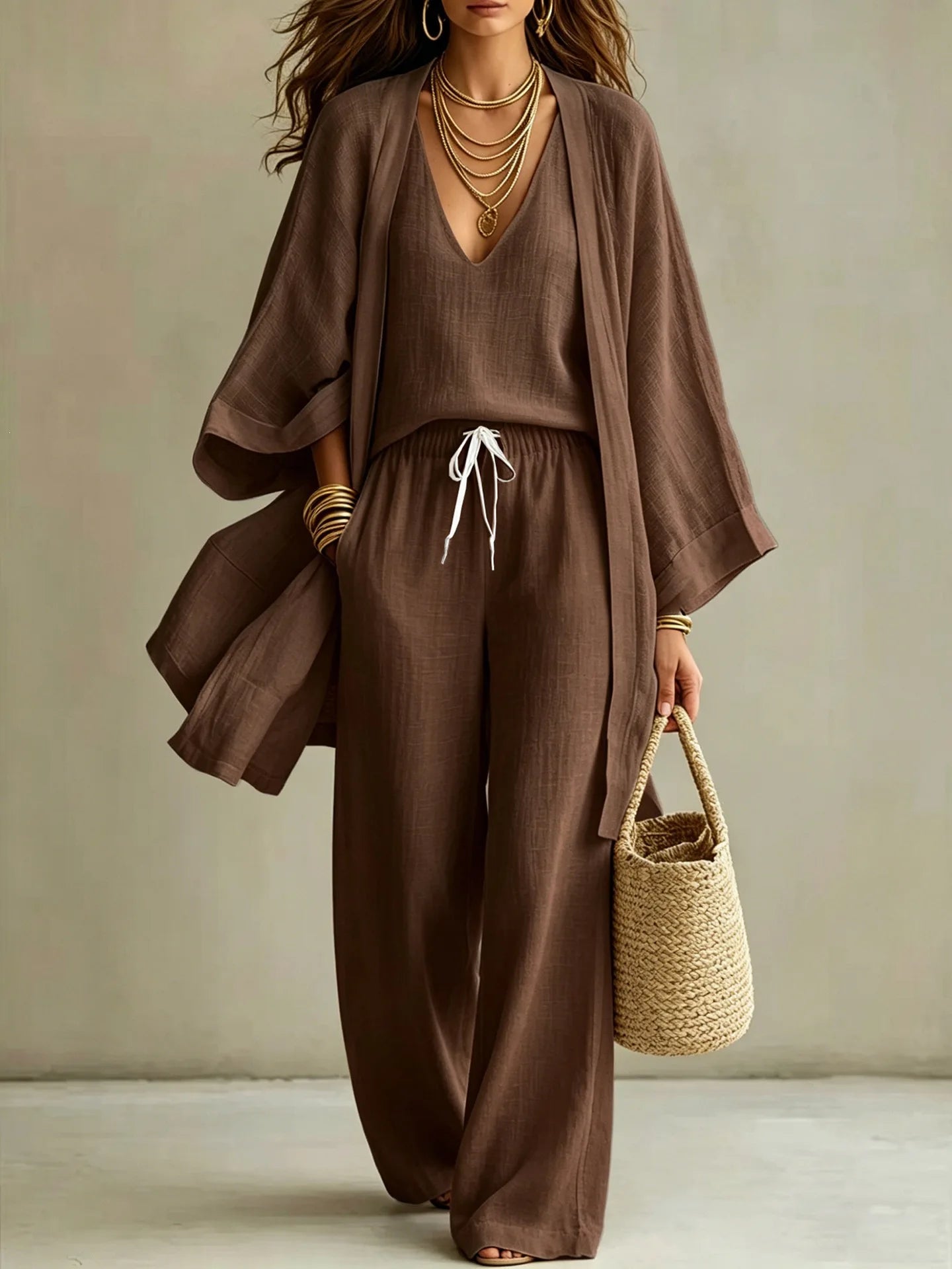 Loose Cotton Linen Mid-Length Nine-Quarter Sleeve Open Cardigan Sleeveless Vest Trousers Casual Three-Piece Set for Women