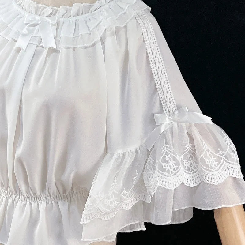 Sweet Lolita Chiffon Blouses Women Cute Bow Ruffles Three Quarter Flare Sleeve Undershirt Girl Kawai Off Shoulder Shirt Crop Top