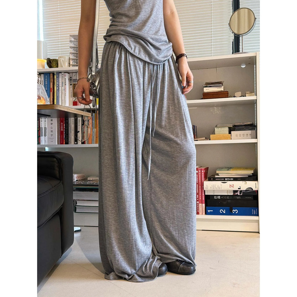 2026 Wool Blending Material Women Casual High Waist Lace-Up Waist Long Pants Fashion Wide Leg Pants Women Clothes Trousers