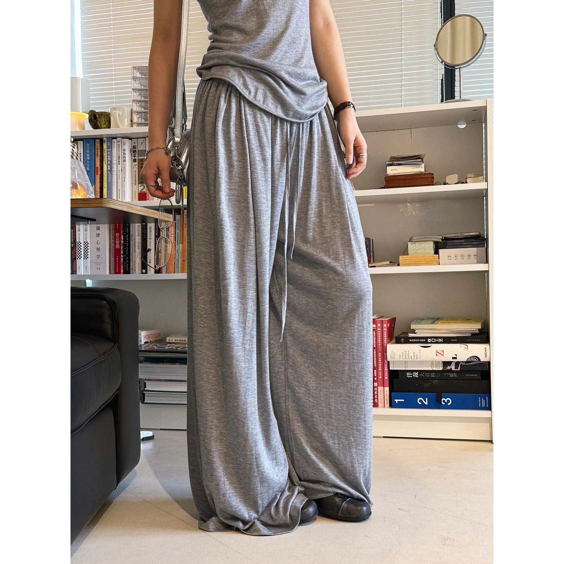 2026 Wool Blending Material Women Casual High Waist Lace-Up Waist Long Pants Fashion Wide Leg Pants Women Clothes Trousers