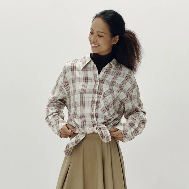 Semir Women Shirt Plaid Long Sleeve Mid Length Loose Dropped Shoulder Retro Campus Style Autumn Blouse Daily Wear 2026