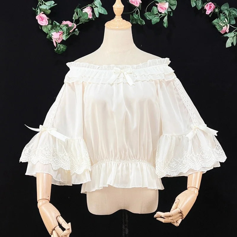 Sweet Lolita Chiffon Blouses Women Cute Bow Ruffles Three Quarter Flare Sleeve Undershirt Girl Kawai Off Shoulder Shirt Crop Top