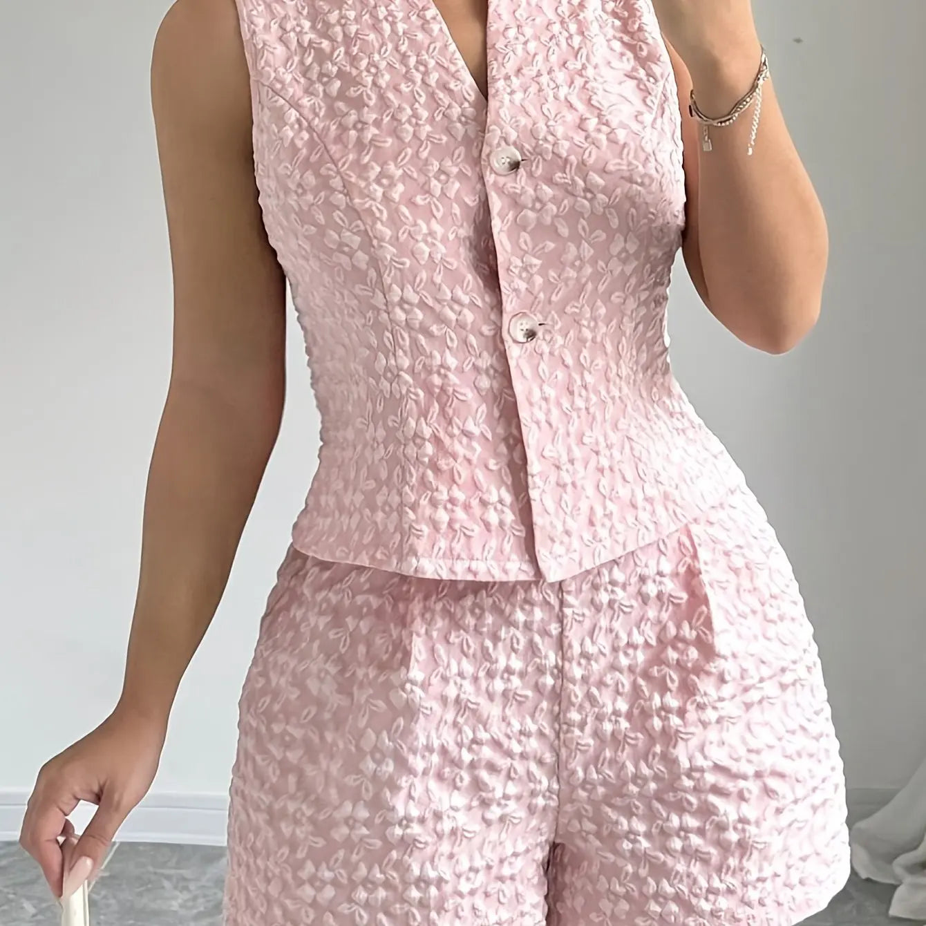 Summer Women's 2025 Elegant Solid Color Jacquard Sleeveless Tank Top and Shorts Two Piece Set