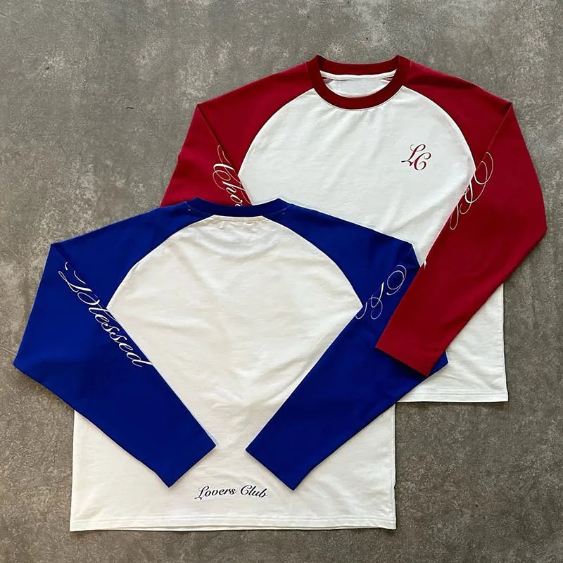 American Casual Loose Letter Printed Pullover Hip Hop Harajuku Tops Fashion Color Matching Shoulder Long Sleeved O Neck T-shirt