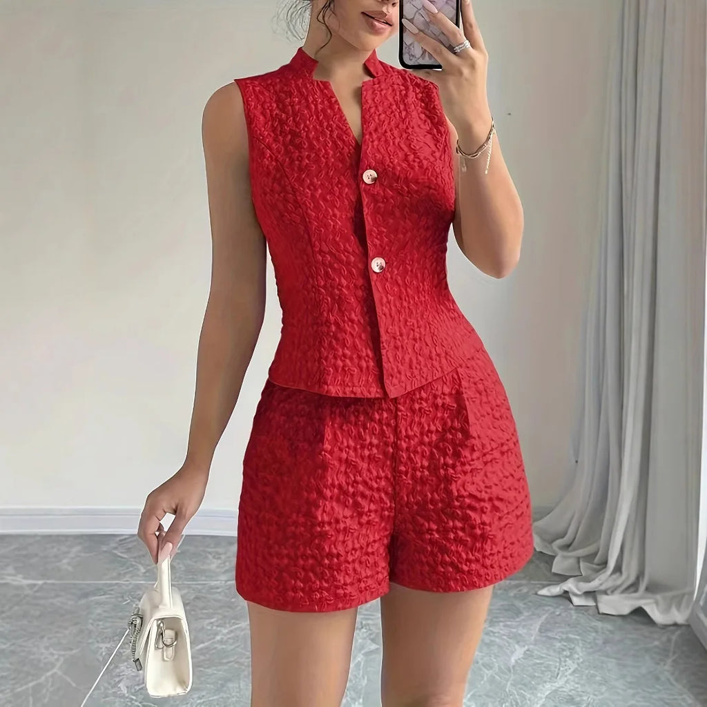 Summer Women's 2025 Elegant Solid Color Jacquard Sleeveless Tank Top and Shorts Two Piece Set
