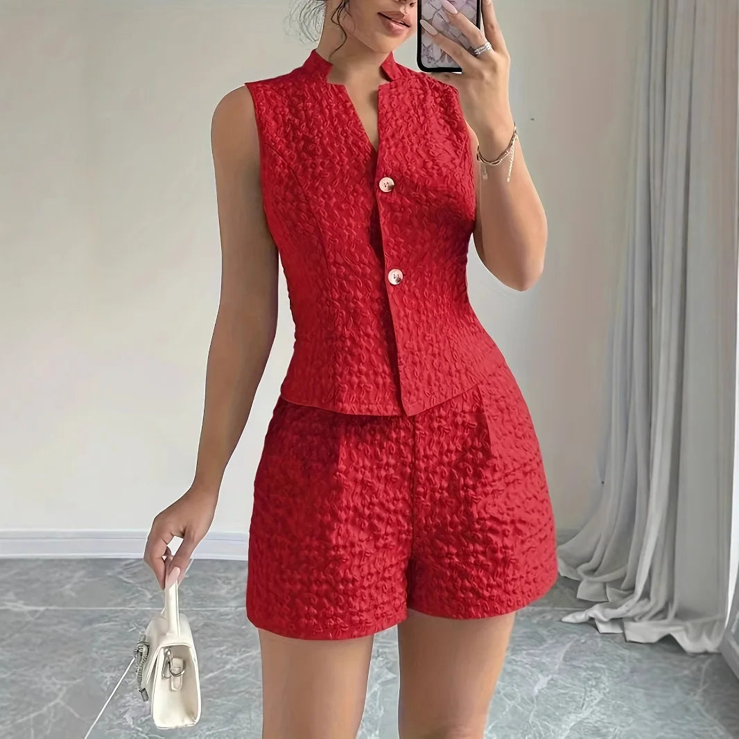 Summer Women's 2025 Elegant Solid Color Jacquard Sleeveless Tank Top and Shorts Two Piece Set