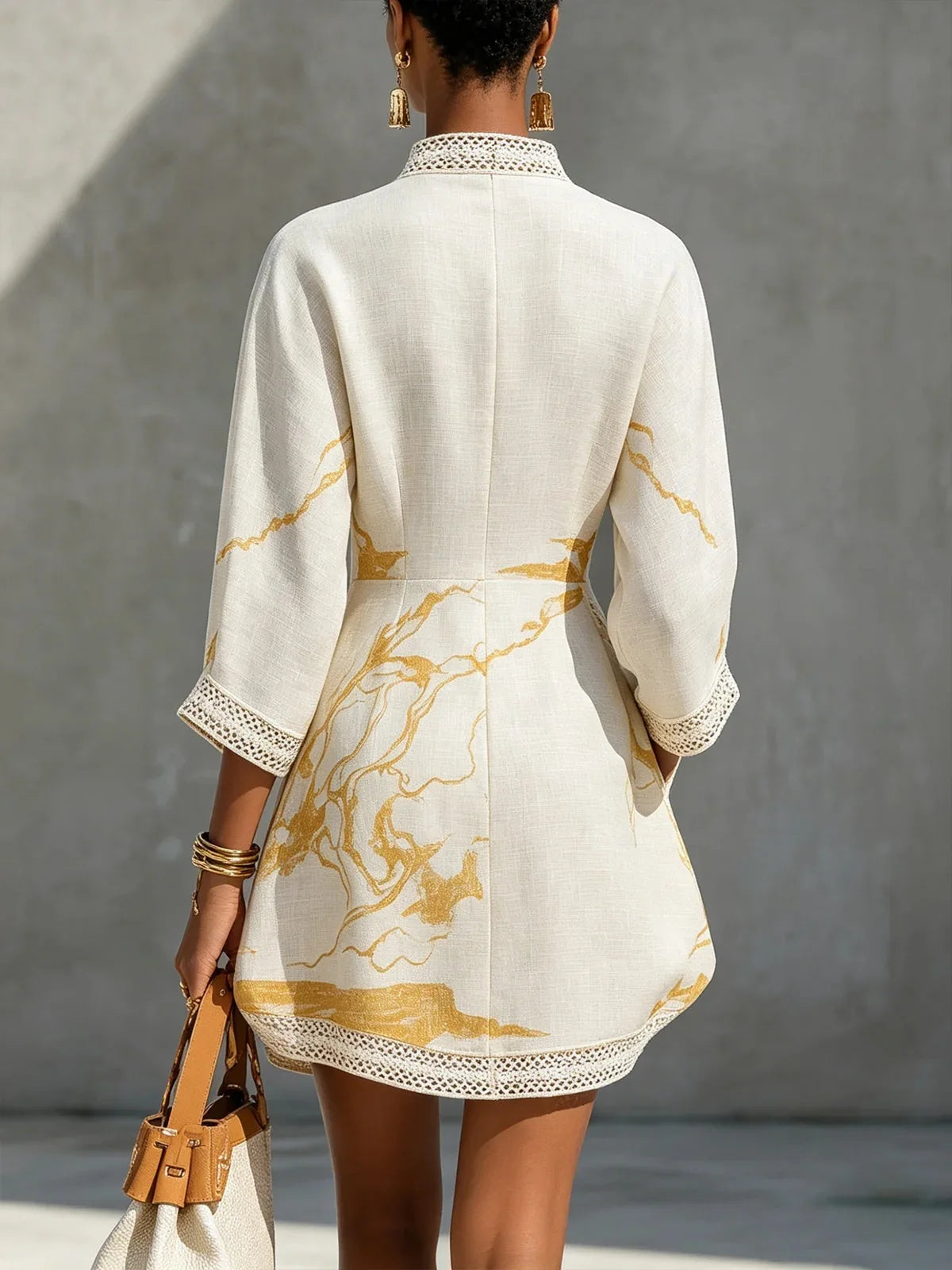 Elegant Mini Dress for Women Fashion Lace Trim V Neck Abstract Print 3/4 Sleeve Pocket Dress Casual Commuting Vacation Dresses