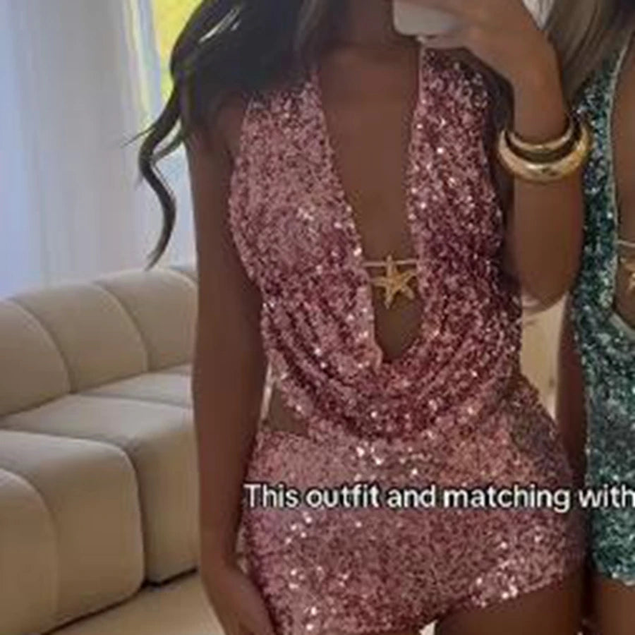 Party Women Sequin Shiny Outfit Halter Neck Sleeveless Open Back Tie Tops Low Rise Mini Tight Shorts 2 Piece Set