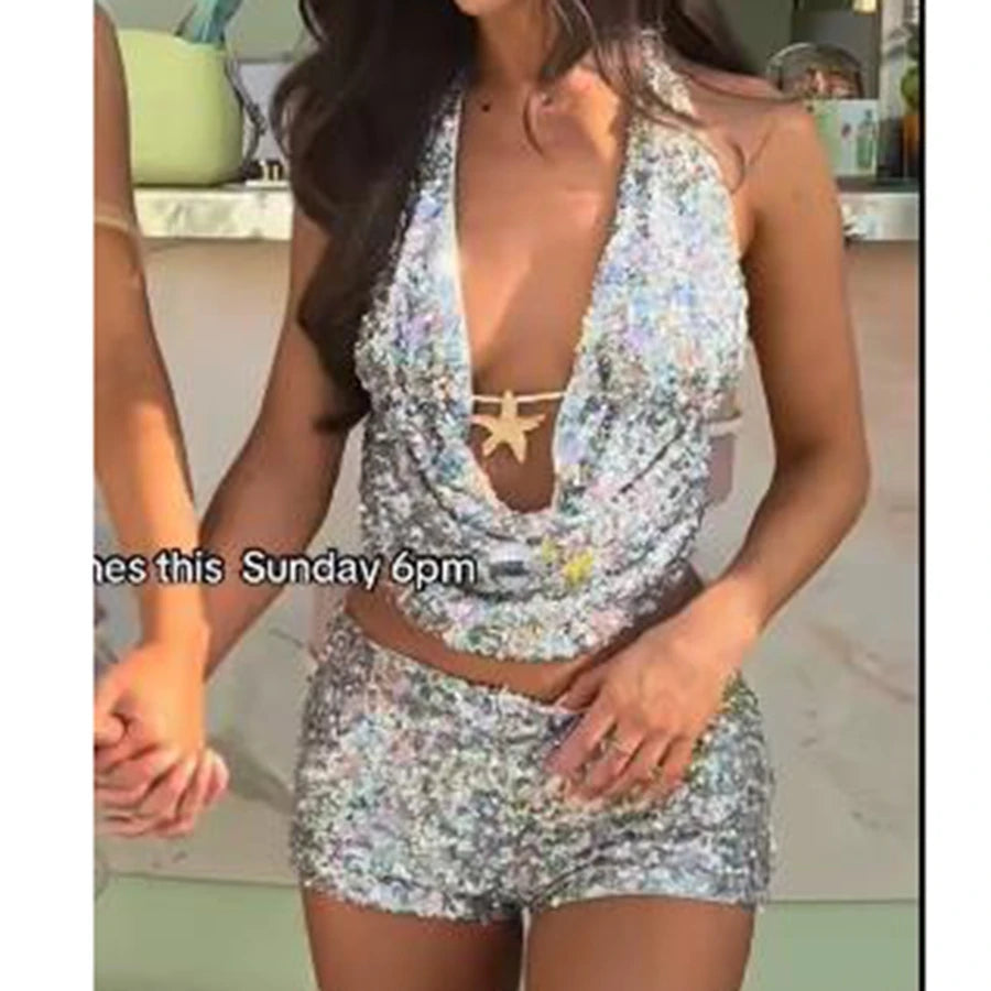Party Women Sequin Shiny Outfit Halter Neck Sleeveless Open Back Tie Tops Low Rise Mini Tight Shorts 2 Piece Set