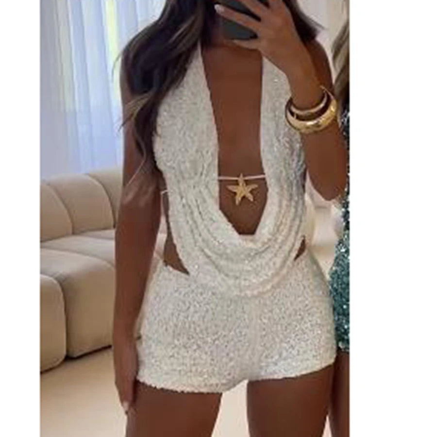 Party Women Sequin Shiny Outfit Halter Neck Sleeveless Open Back Tie Tops Low Rise Mini Tight Shorts 2 Piece Set