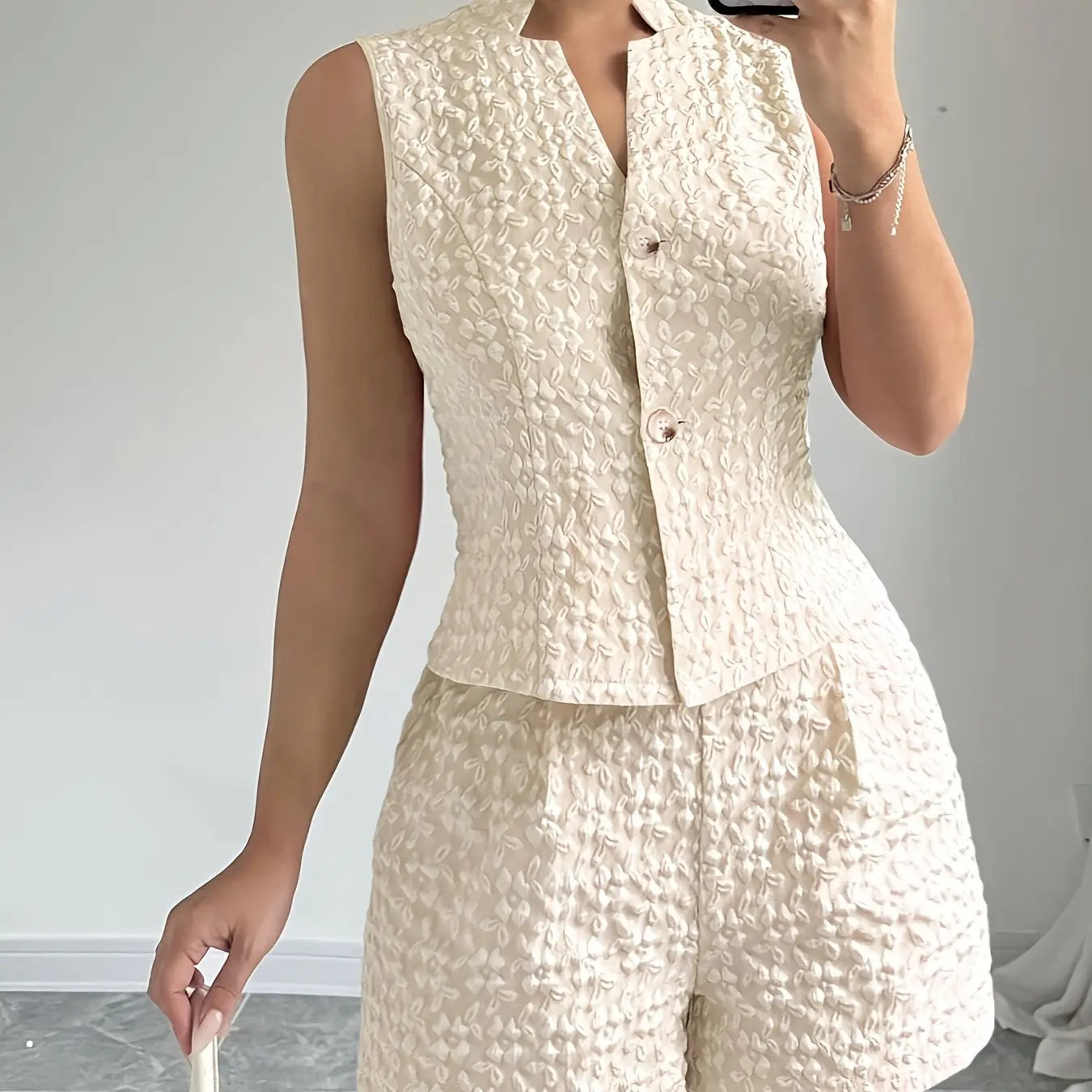Summer Women's 2025 Elegant Solid Color Jacquard Sleeveless Tank Top and Shorts Two Piece Set