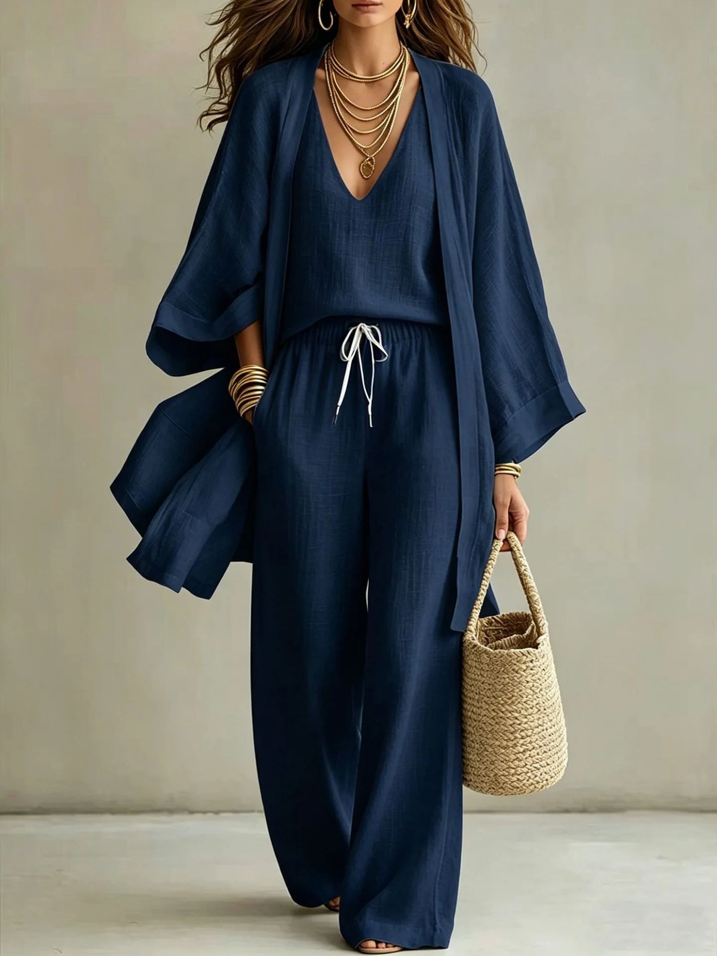 Loose Cotton Linen Mid-Length Nine-Quarter Sleeve Open Cardigan Sleeveless Vest Trousers Casual Three-Piece Set for Women