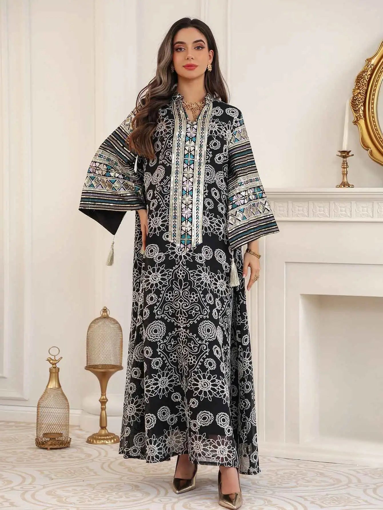 Eid Islamic Modest Abaya for Women Multicolor Embroidered & Sequin Beige Muslim Dress 2026 Elegant Dubai Stand Collar Tassel New
