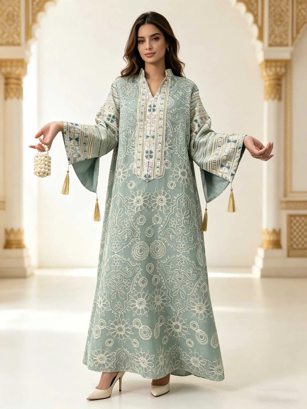 Eid Islamic Modest Abaya for Women Multicolor Embroidered & Sequin Beige Muslim Dress 2026 Elegant Dubai Stand Collar Tassel New
