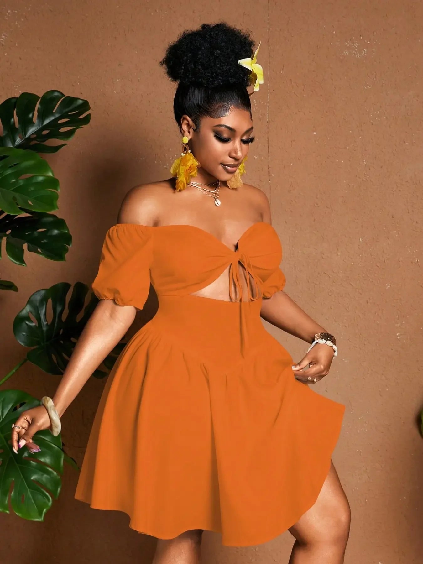 Plus Size Women One-Shoulder Waist-Tie Bubble Sleeve Dress, Summer Vacation Style, Casual Short Dress, Plain Pattern