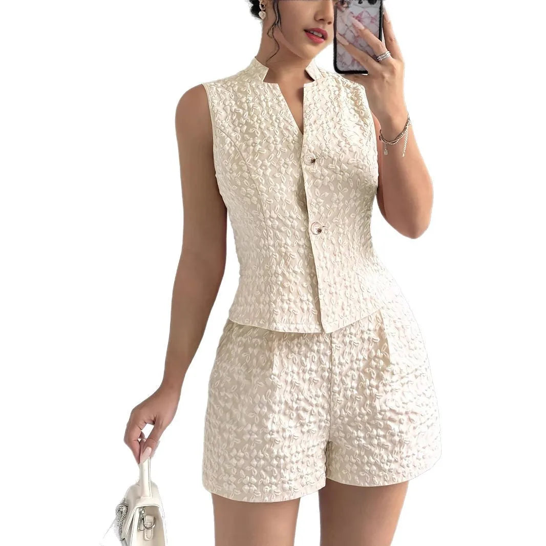 Summer Women's 2025 Elegant Solid Color Jacquard Sleeveless Tank Top and Shorts Two Piece Set