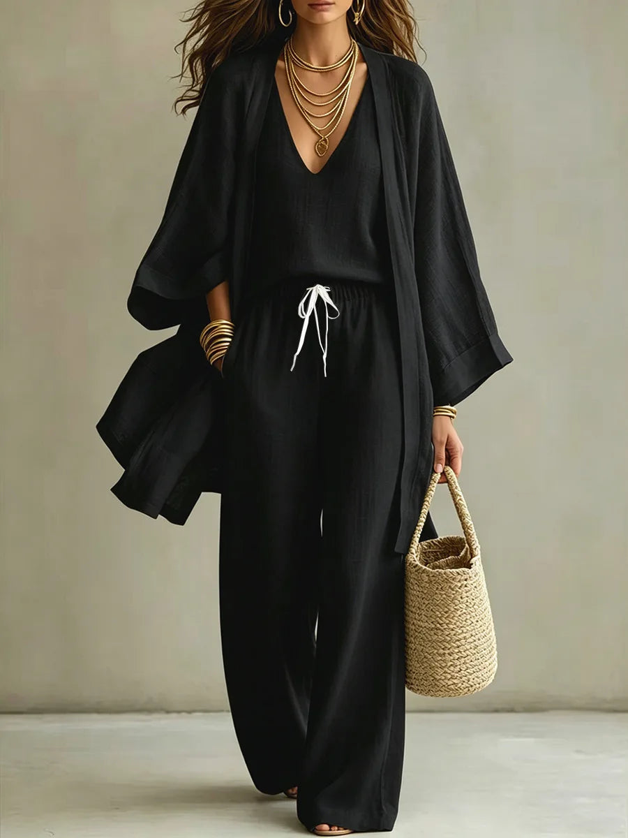 Loose Cotton Linen Mid-Length Nine-Quarter Sleeve Open Cardigan Sleeveless Vest Trousers Casual Three-Piece Set for Women
