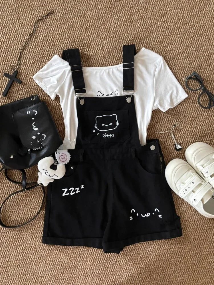 Japanese Cute Preppy Style 2 Piece Set Women Sweet Off Shoulder Cartoon Print Tops Black Bib Denim Shorts Kawaii Girl Outfit New
