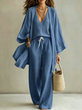 Loose Cotton Linen Mid-Length Nine-Quarter Sleeve Open Cardigan Sleeveless Vest Trousers Casual Three-Piece Set for Women