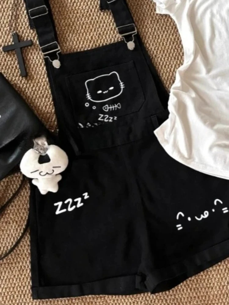 Japanese Cute Preppy Style 2 Piece Set Women Sweet Off Shoulder Cartoon Print Tops Black Bib Denim Shorts Kawaii Girl Outfit New