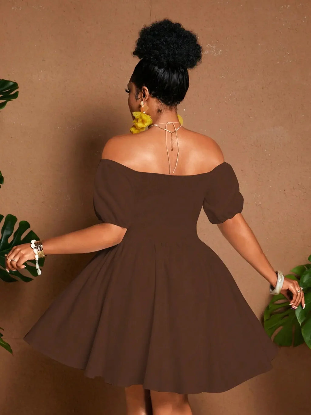 Plus Size Women One-Shoulder Waist-Tie Bubble Sleeve Dress, Summer Vacation Style, Casual Short Dress, Plain Pattern