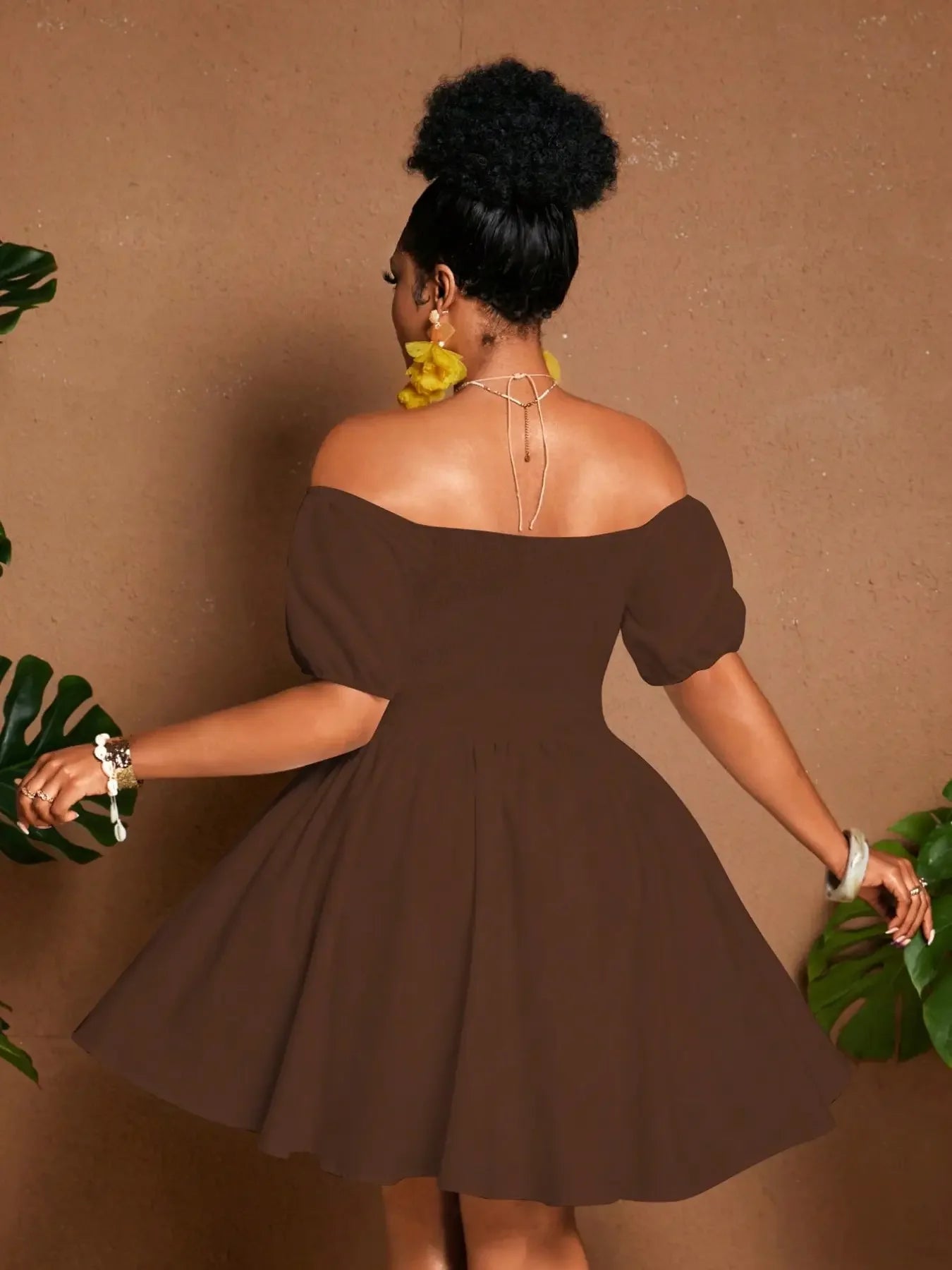 Plus Size Women One-Shoulder Waist-Tie Bubble Sleeve Dress, Summer Vacation Style, Casual Short Dress, Plain Pattern