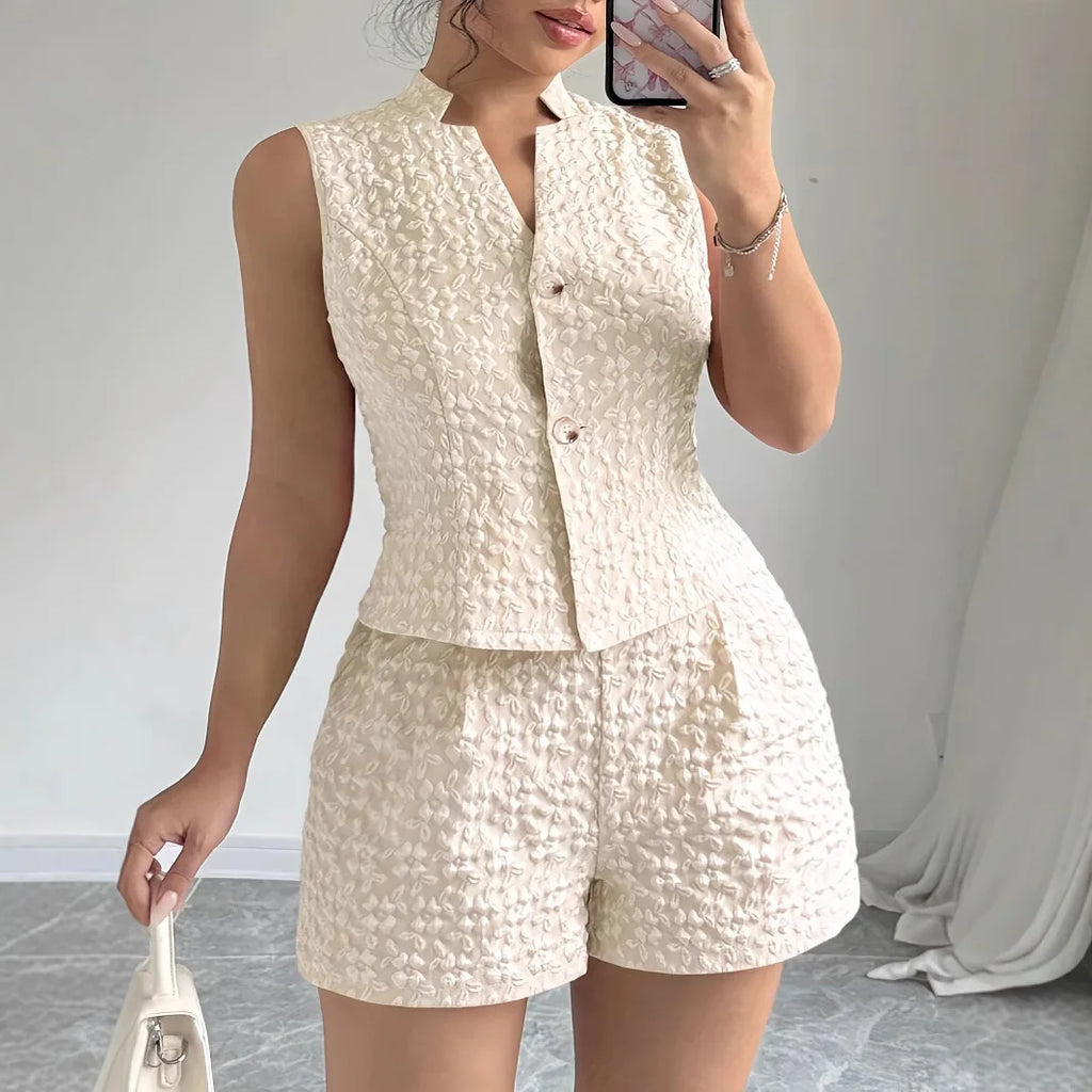 Summer Women's 2025 Elegant Solid Color Jacquard Sleeveless Tank Top and Shorts Two Piece Set