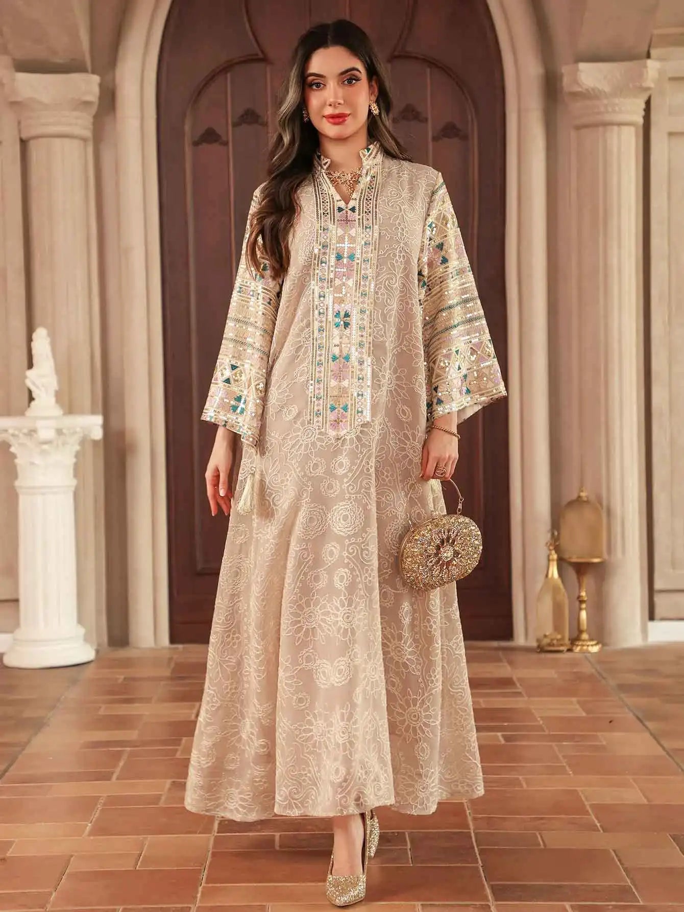 Eid Islamic Modest Abaya for Women Multicolor Embroidered & Sequin Beige Muslim Dress 2026 Elegant Dubai Stand Collar Tassel New